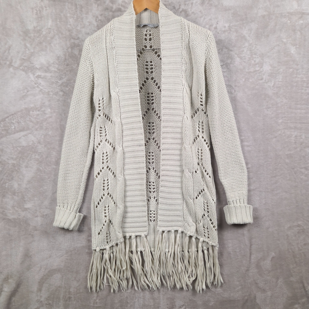 Bluenotes Knit Cardigan Open Front Eyelet with Fringe‎ Finish Hem Size L